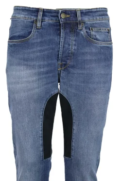 Jeans denim 5 tasche con toppa in alcantara