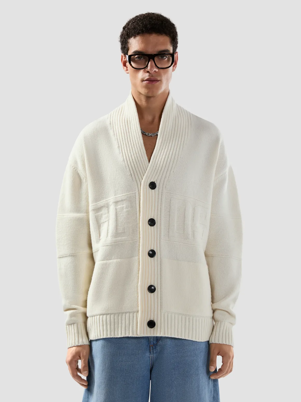 Maglione cardigan con bottoni e logo a intarsi